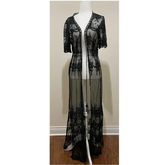 NWT Bloomingdale's AQUA Black Floral Short Sleeve Sheer Kimono, M - Picture 5 of 16